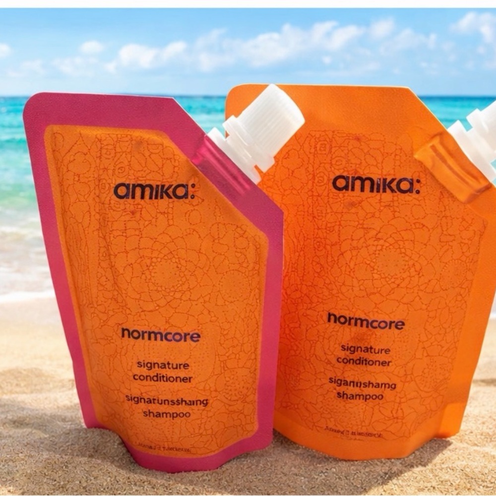 amika Normcore Signature Shampoo & Conditioner Pouches - Orange with Pink Trim